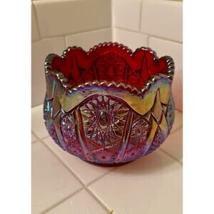 Indiana Glass Co. Iridescent Sunset Ruby Red Carnival Glass 6" Rose Bowl